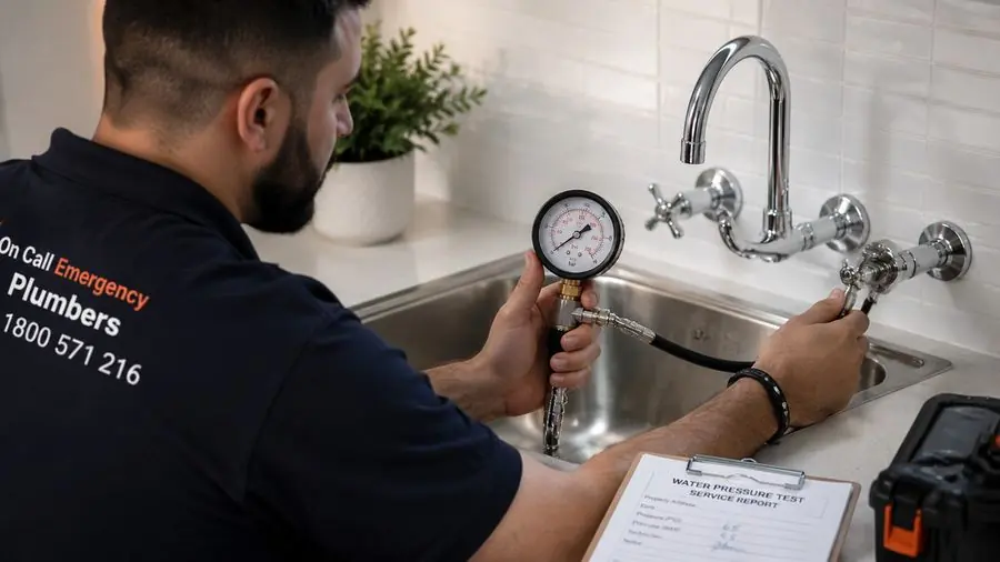 Plumber checking household tap water pressure, Braeside