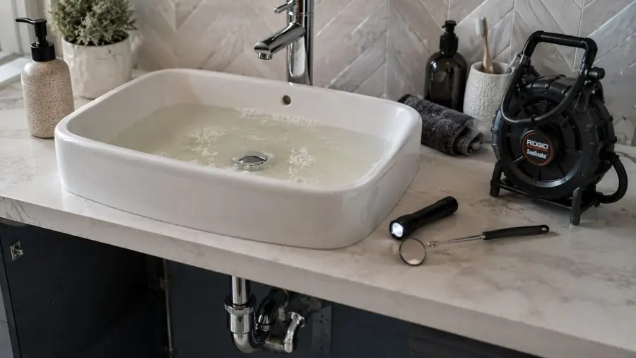 Slow-draining bathroom sink with drain inspection tools, Braeside